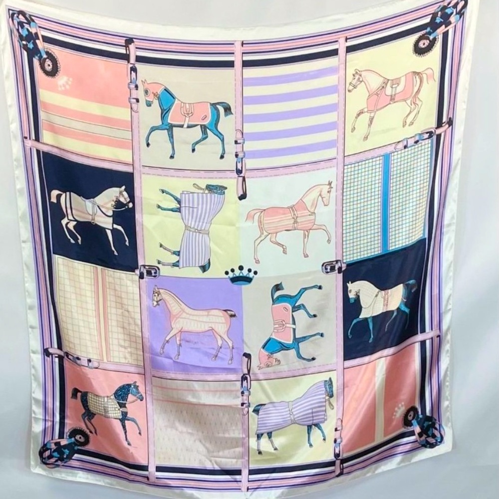 NWOT Suzhichou Pastel Satin Horse Print Scarf size 35” x 35”